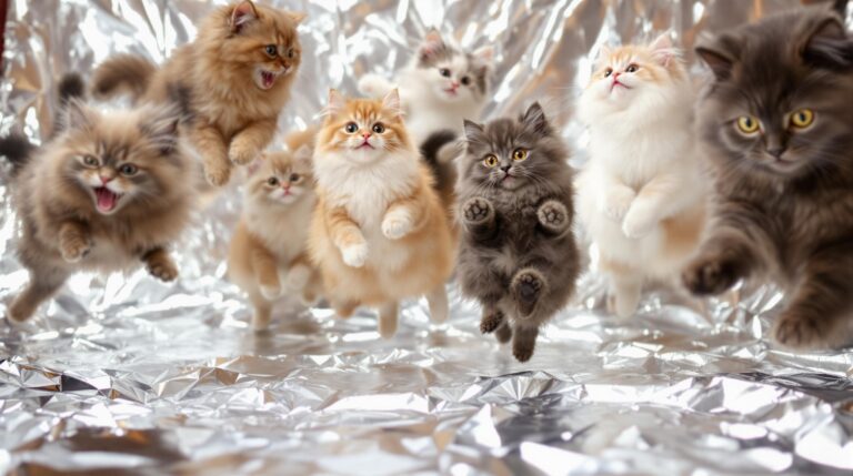 cats jumping on tin foil